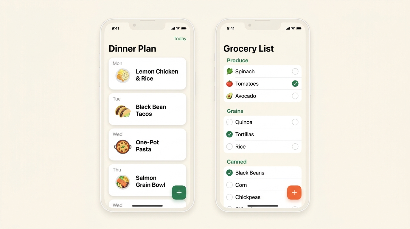 Weeknight app — weekly dinner plan and pantry-aware grocery list